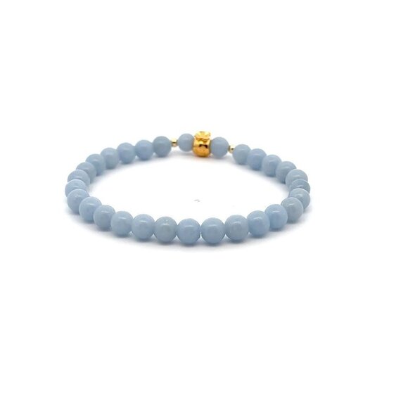 18K Gold Money Bag Lucky Charm Beads Bracelet Gemstones Natural Angelite 6mm - Picture 2 of 4